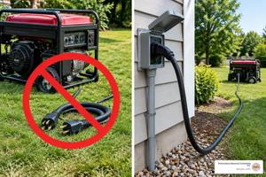 Unsafe double-male generator cord contrasted with a safe outdoor power inlet connection